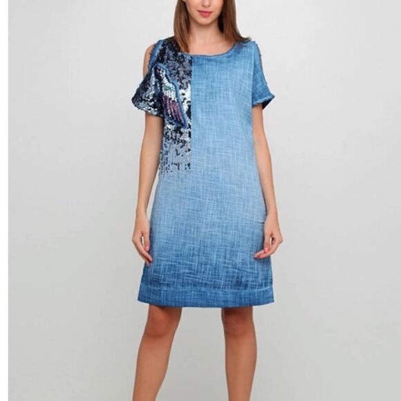 Signet Blue Chambray Beaded Cold Shoulder Knee Length Dress Size M - Picture 1 of 7